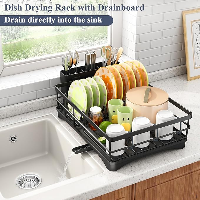 Dish Drying Rack - Rust Resistant Dish Drainer for Kitchen Counter with Drainboard & Rotating Spout, Large-Capacity Dish Rack with Removable Utensil Holder, Space-saving kitchen organizer, Black