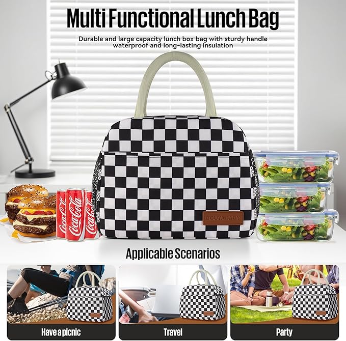 douyadady Lunch Bag Women/Men Lunch Box Women/Men (Black+White Checkerboard)