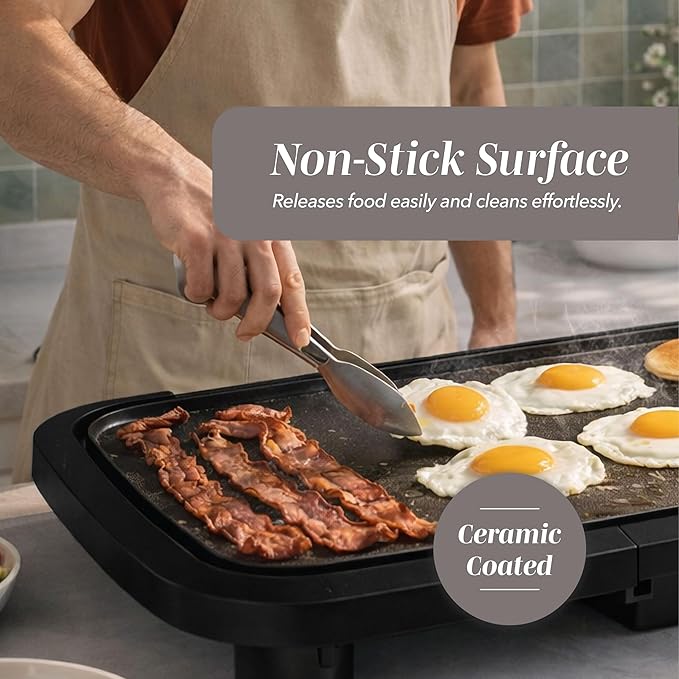 COOK WITH COLOR Electric Griddle 1200W, Nonstick Surface for Pancakes, Burgers, Eggs & More, Removable Temperature Control, Slide-Out Drip Tray, 10" x 16" Cooking Area, Black