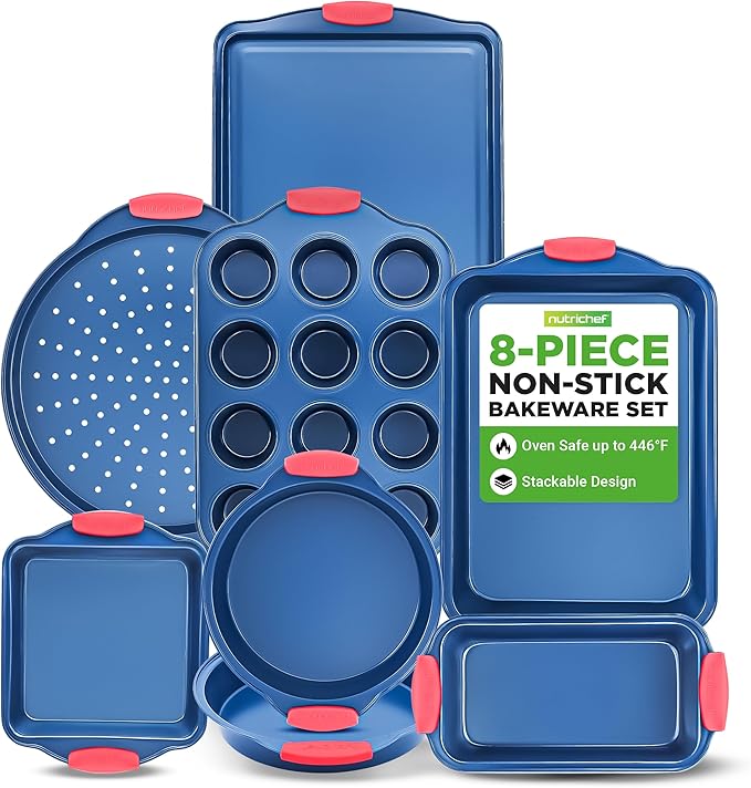 NutriChef 8-Piece Bakeware Set - Nonstick Carbon Steel Baking Pans with Red Silicone Handles, Blue Coating, Durable & Stain-Resistant, Perfect for Baking Cakes, Muffins, Cookies (Blue)