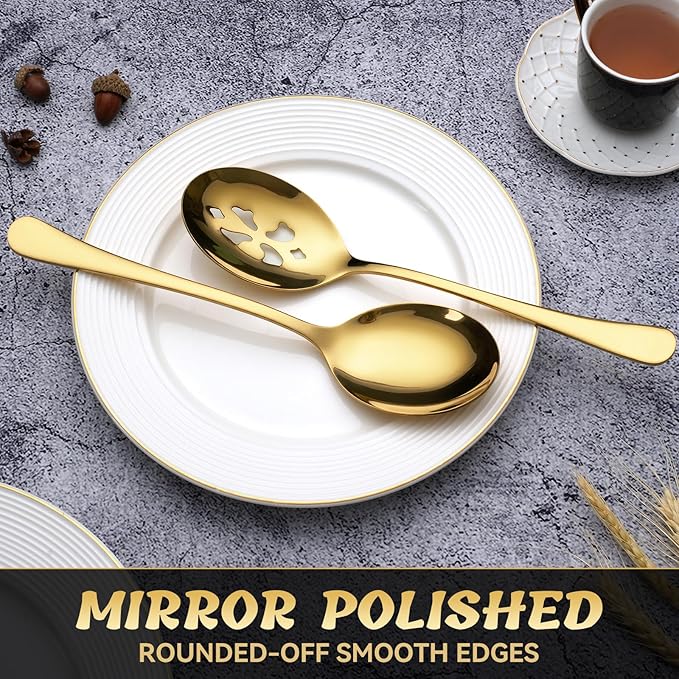 4 Piece Stainless Steel Serving Spoon Set - 2 Large, 2 Slotted,Dishwasher Safe,10-Inch,Gold, for Parties/Kitchen/Buffet/Catering