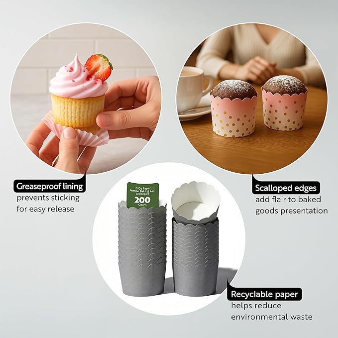 Restaurantware Baking Cups 200 Pack of 10 oz Paper Cupcake Liners Greaseproof Scalloped Oven-Safe Elegant Dessert Muffin Cups Disposable for Parties