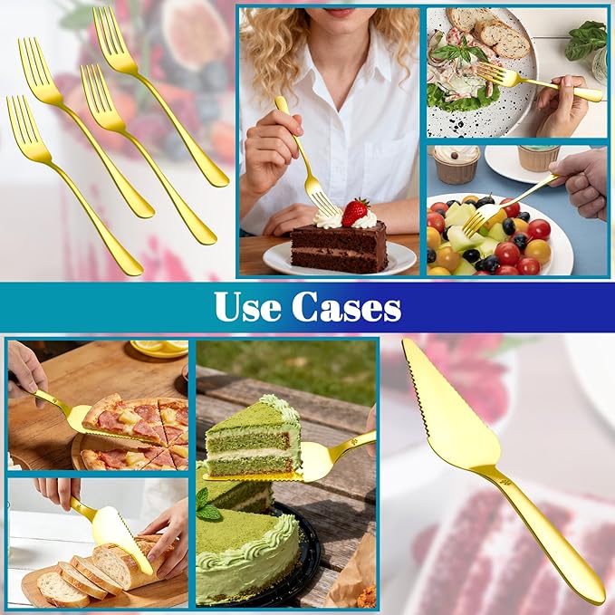 Eisinly 1 Pcs Cake Pie Server and 4 Forks Set for Wedding, Elegant Pizza Slicer Server Set with Stainless Steel Big Serrated Edges, Cake Cutter Pie Spatula for Birthday Anniversary, Gold