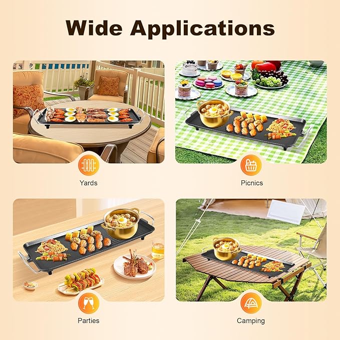 26" Large Electric griddle 1500W Teppanyaki Table Top Grill Griddle with Nonstick Surfaces & Adjustable 5 Temperature Setting for Indoor/Outdoor Use