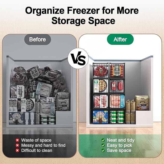 Freezer Organizer Bins, 6 Pack Stackable Deep Chest Freezer Organizer Bins, Foldable Baskets with Handles, Black Storage Container Baskets for 5/ 7 Cu.FT Deep Freezer Sort Frozen Meats
