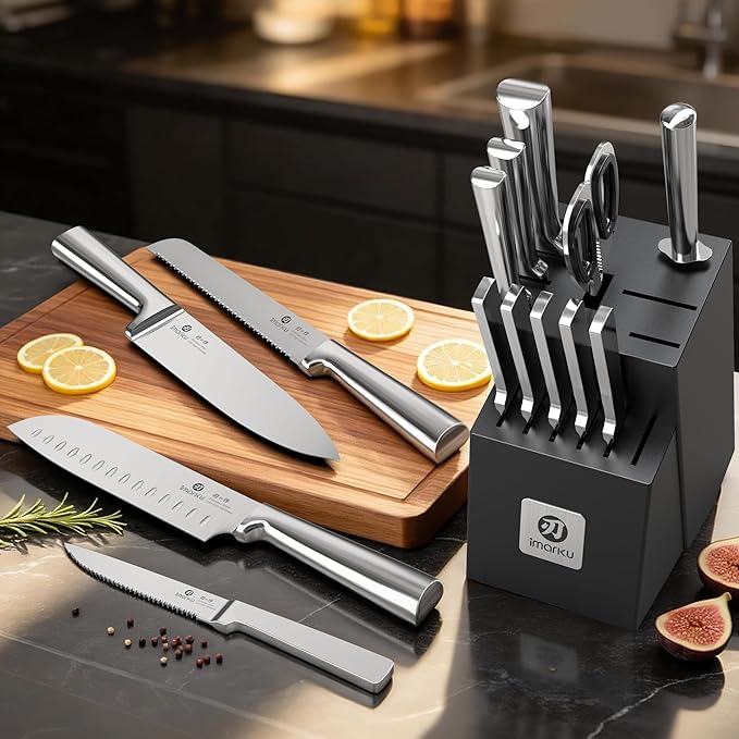 imarku 15-Piece Knife Block Set Built-in Sharpener, Japanese High Carbon Stainless Steel Kitchen Knife Set, Dishwasher Safe, Chef Knife Set with Wooden Knife Block, Steak Knives for Kitchen Cooking