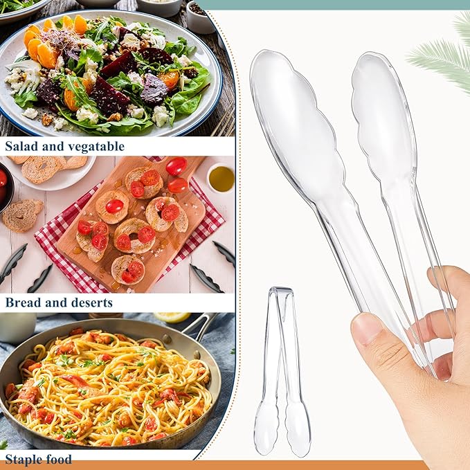 Tessco for you 50 Pcs Plastic Tongs for Serving Bulk, 9 Inch Plastic Disposable Serving Tongs Heavy Duty Salad Utensils for Kitchen Buffets BBQ Events Catering (Transparent)