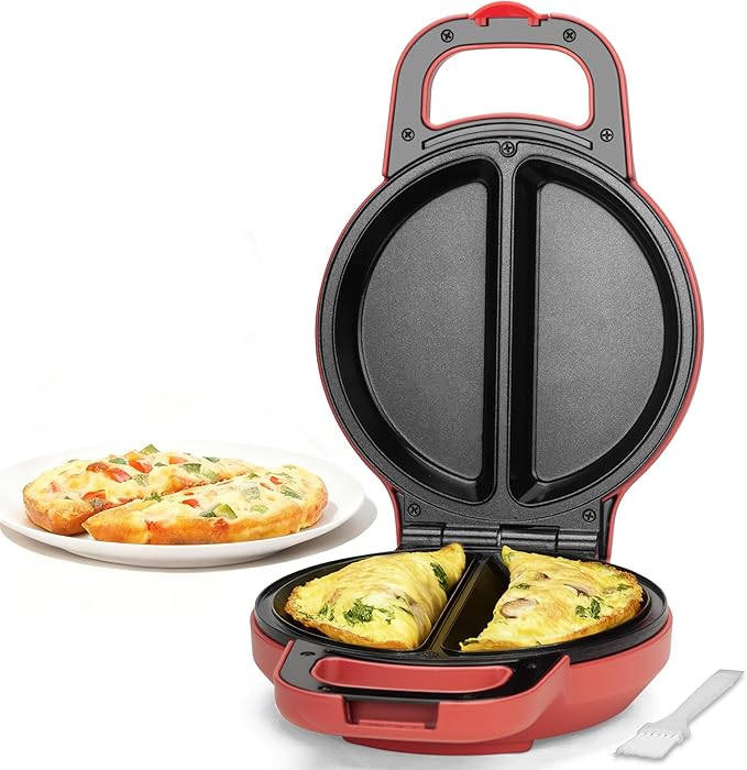 SugarWhisk Flip Omelette Maker Electric, Omelette Pan Nonstick for 2 Individual 6.5" Omelets, Cooking Gadgets for Home, Omelet Maker with Ceramic Coating, Red