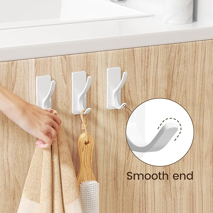 pickpiff White Self Adhesive Coat Hooks for Hanging: 13LB Extra Strong Stainless Wall Hook for Towel, Utensil, Backpack, Hat, Sturdy Metal Hanger for Bathroom, Kitchen, Door, 10 Pack