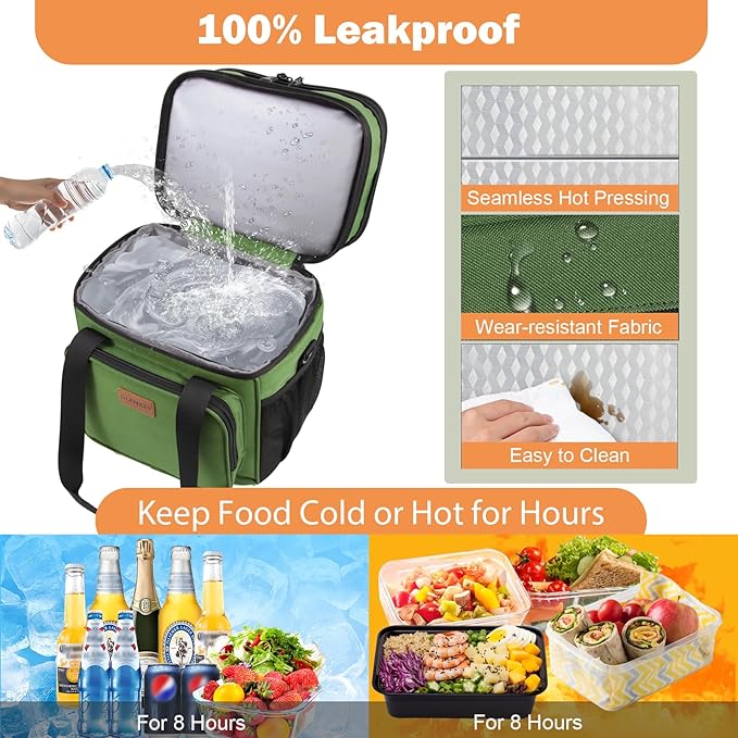 GLENKEY Expandable XLarge Lunch Box, Insulated Heavy Duty Lunch Bag Waterproof Leakproof Durable Cooler Bag for Men Women Adults Work Construction Camping Trip, 22L, Army Green