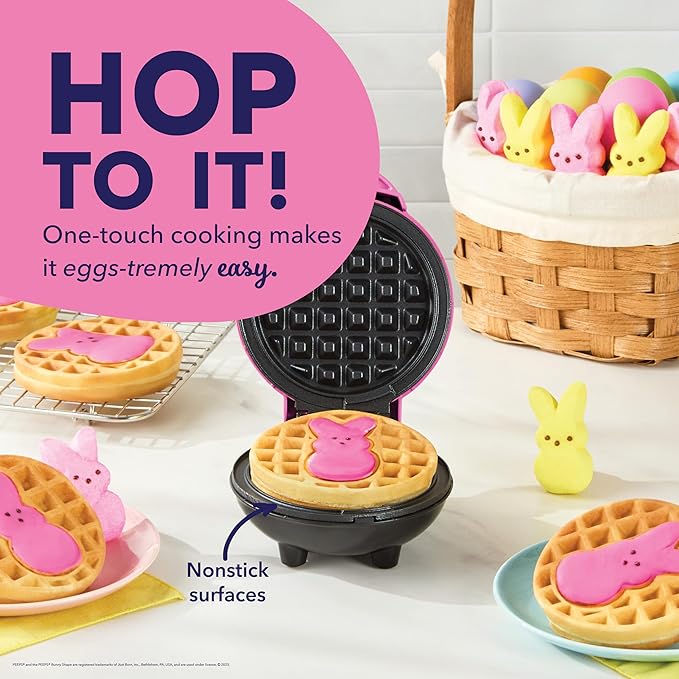 Dash & PEEPS® Mini Waffle Maker- Mini Machine for Creative Homemade Treats - Nonstick Iron with Unique Print Design - Stylish Waffle Machine - Pink Bunny