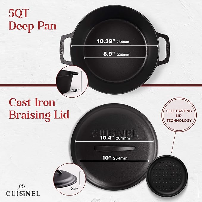Cuisinel Cast Iron Dutch Oven - 5-Quart Deep Pot + Lid + Pan Scraper + Handle Cover Grips - Large Pre-Seasoned Cooker for Baking Bread, Soup, Frying - Indoor/Outdoor Kitchen, Camping, Fire, BBQ Safe