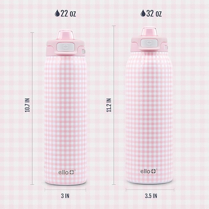 Ello Pop & Fill 32oz Stainless Steel Water Bottle with QuickFill Technology, Double Walled and Vacuum Insulated Metal, Leak Proof Locking Lid, Straw and Chug, Reusable, BPA Free, Pink Gingham