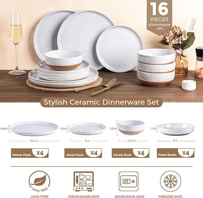 AmorArc Ceramic Dinnerware Sets with Pasta Bowls for 4, Handpainted Plates and Bowls Set with Rustic Terracotta Underside, Scratch Resistant Dishes Set, Dishwasher & Microwave Safe, 16 Pcs