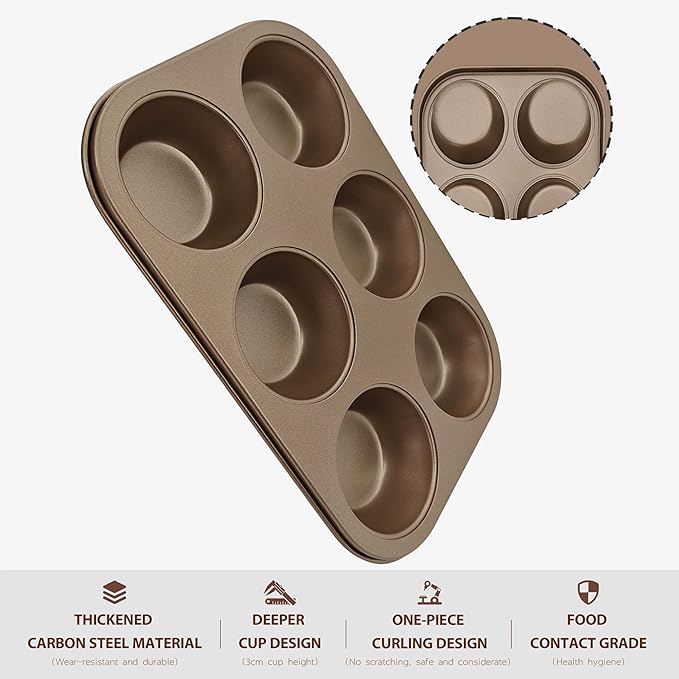 Satax Muffin Pan for Baking, Nonstick Cupcake Tin 6 Cup,sets of 2,Heavy Duty Steel Muffin Pan (Gold, 6-cup)