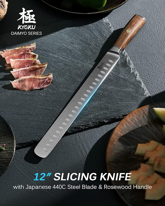 KYOKU 12" Slicing Knife, Daimyo Series Brisket Knife for Meat Cutting with Rosewood Handle, Japanese Style 440C Stainless Steel Meat Carving Knife for BBQ Turkey Ham Rib Roast with Sheath and Case