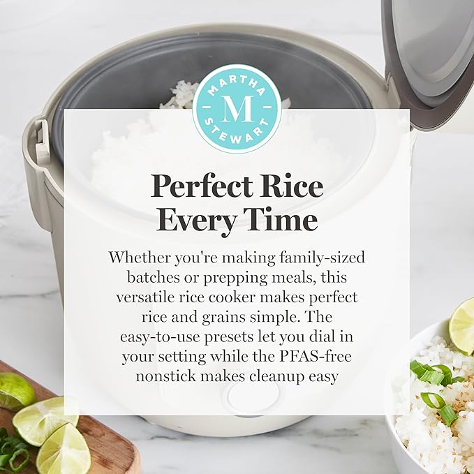 Martha Stewart Rice Cooker, 4 Cup (Uncooked) / 8 Cup (Cooked), Ceramic Non-Stick Removable Pot, Keep Warm, Measure Markings, Steam Basket, Brown & Sushi Rice, Quick Cook, Quinoa, Grains, Oats, Linen White