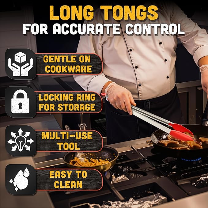 Kitchen Salad Tongs for Serving 17.3" - Heat-Resistant Extra Long Tongs with Silicone Tips for Convenient Flipping Food on BBQ - Stainless Steel Long Tongs for Grabbing & Cooking & Grilling