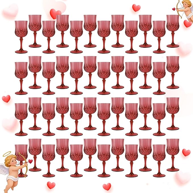 Plastic Wine Glasses, Plastic Goblets Vintage Style Cordial Unbreakable Drinking Glasses, Reusable Drinkware for Wedding Reception, Grand Event Party Supplies, Mother's Day (48, Burgundy)