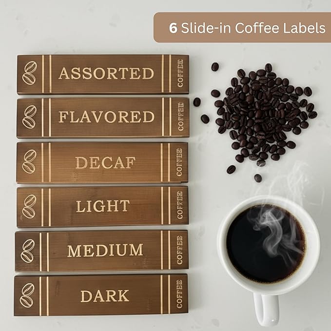 The Coffee Pod Library | Elegant Countertop Organizer & Display for Coffee Lovers | Compatible with K-Cups | Set of 3 Book-Inspired Bamboo Boxes with Stand | 6 Sliding Lids with Labels