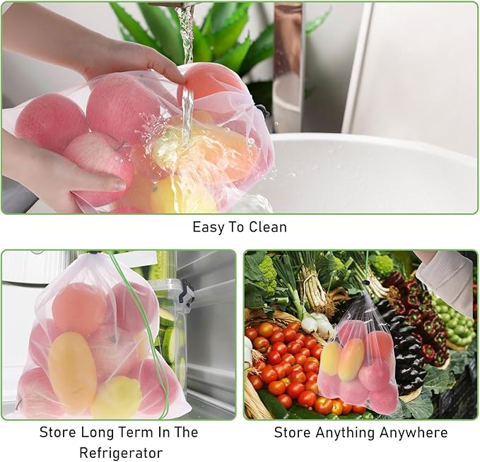TIESOME 8PCS Reusable Produce Mesh Bags, Washable Vegetable Storage Bags With Drawstring Transparent Toy Organizer Bags Eco-Friendly Grocery Storage Mesh Bags for Farmers Market Refrigerator Storage