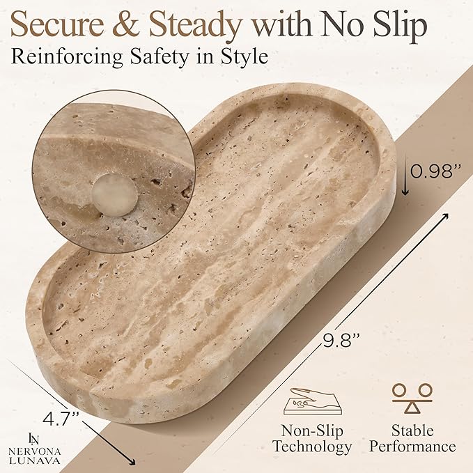 LUNAVA Travertine Tray for Bathroom Counter – Marble Tray for Kitchen Counter, Hand-Polished Natural Stone Caddy for Vanity, Sink, or Dresser, 9.8"x4.7"in, Beige