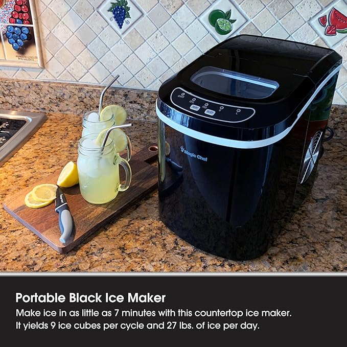 Magic Chef 27-Lb. Portable Ice Maker in Black, Tabletop Ice Maker for Kitchen, Apartment, Dorm, and Basement with Viewing Window, 2 Ice Cube Sizes, and Ice & Water Level Indicator Lights
