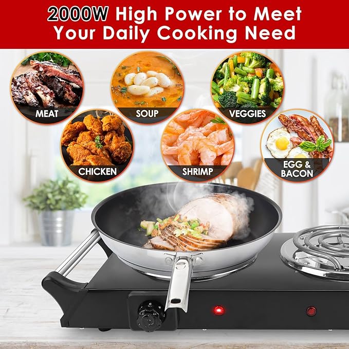 Electric Countertop Double Burner, 2000W Cooktop with Coil Hot Plate & Stay Cool Handles, 5 Level Temperature Control, Easy to Clean, Indicator Lights, Cooking Stove for Office/Home/Camping Use
