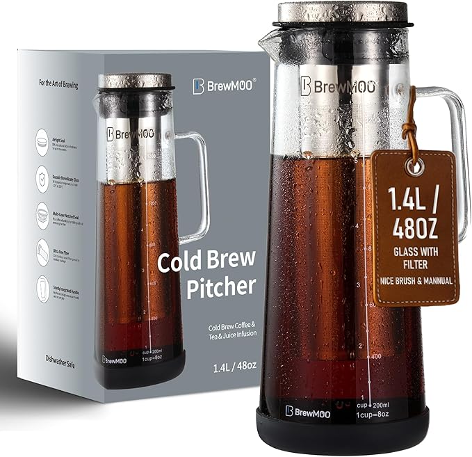 BrewMOO- Airtight Cold Brew Coffee Maker Pitcher, 1.4L/48Oz Thick Glass Carafe with Filter, Comfort Sturdy Handle & Wide Spout, Non-Slip Base | Iced Tea Maker (Black)