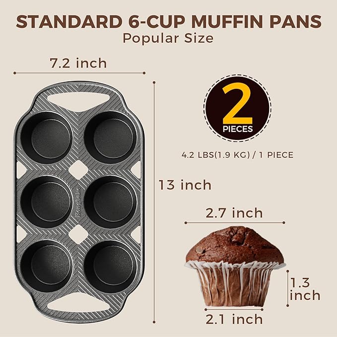 HONGBAKE Everline Collection Cast Iron Muffin Pans, Non toxic Uncoated 6-Cup Muffin Tins, Non-Stick Pre-Seasoned Cupcake Tray Pan Set for Baking, Oven & Stovetop Safe, Standard Size, 2 Pack