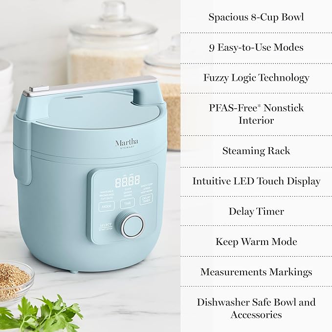 Martha Stewart Rice Cooker, 4 Cup (Uncooked) / 8 Cup (Cooked), Ceramic Non-Stick Removable Pot, Keep Warm, Measure Markings, Steam Basket, Brown & Sushi Rice, Quick Cook, Quinoa, Grains, Oats, Sky Blue