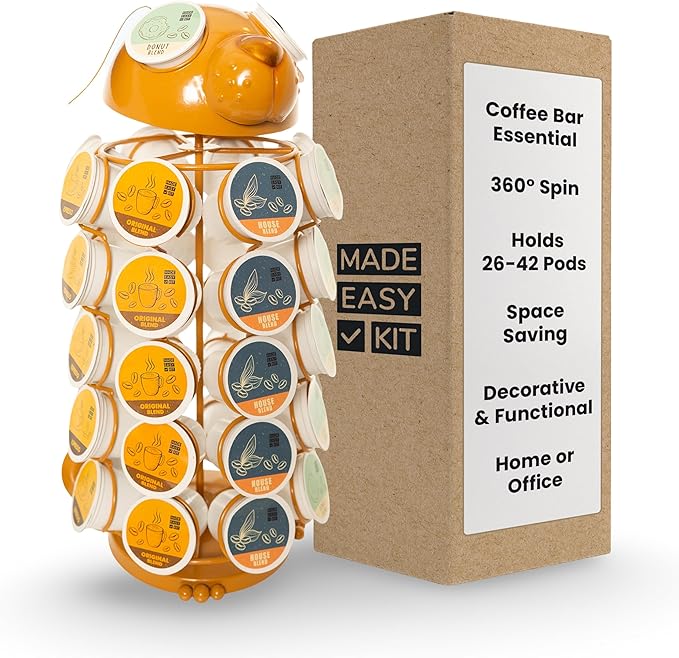 Made Easy Kit Carousel Coffee Pod Holder - Compatible with Keurig K-Pods K-Cups - Countertop 360 Spin Rack Storage Organizer - Revolving Base - Capsule Café Station Bar (Dog Brown, Large)