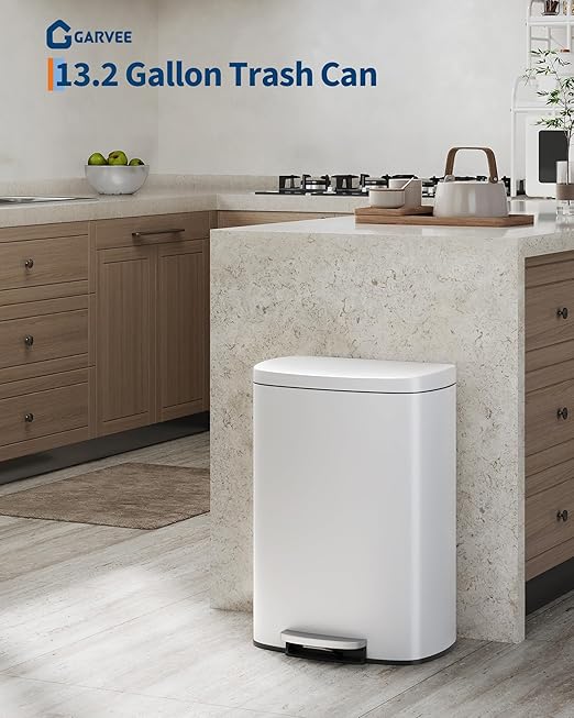 Garvee 13 gal / 50 L Metal Kitchen Trash Can with Lid, Large Rustproof Garbage Can for Kitchen, Step-on Trash Bin with Inner Bucket, Rear Handle, Soft Close Lid, White
