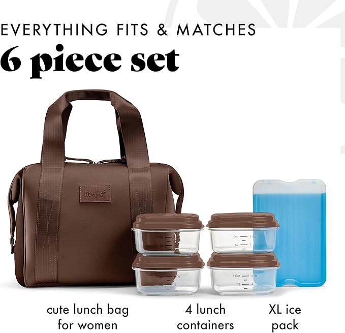 Fit & Fresh Remi Neoprene Lunch Bag For Women - Meal Prep Kit with Containers & XL Ice Pack, Self Insulating Neoprene-like Material, Machine Washable Lunch Bag, Tear & Stain-Resistant, Chocolate