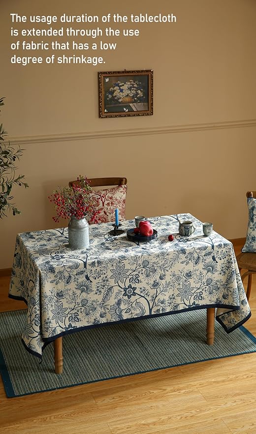 ISAENNE Designer French Linen Tablecloth Rectangular,Blue Floral Washable Indoor Table Cloth,Durable Home Decor Tablecloths for Dining Thanksgiving Kitchen Party Christmas,55"*87"-Ruyi B