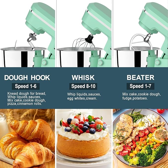 Electric Stand Mixer with 6.5 Quart Bowl, Household Food Mixer 10+p Speeds 660W, Tilt-Head Bread Dough and Cake Mixers with Dough Hook, Whisk, Beater, Splash Guard and Egg Separator (Blue)