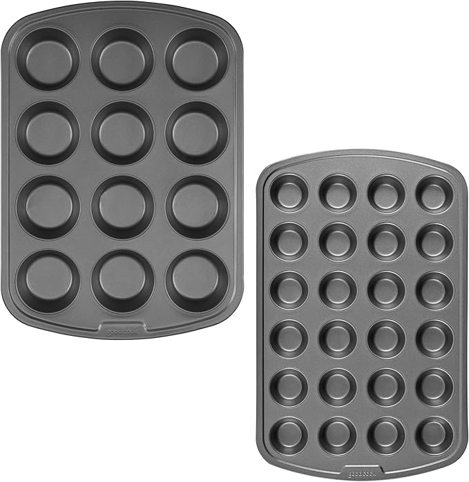 GoodCook Set of 2 Everyday Nonstick Muffin Pans – 12‑Cup Standard and 24‑Cup Mini, Gray