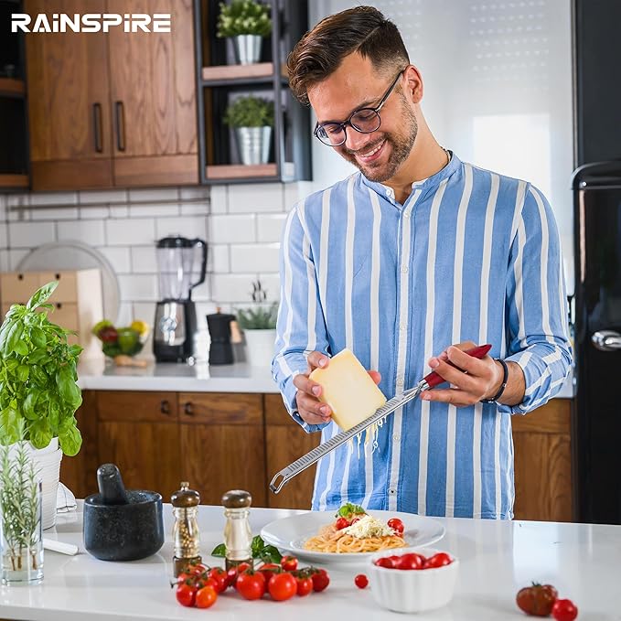 Rainspire Zester Grater with Handle, Lemon Zester Cheese Grater for Kitchen Stainless Steel, Parmesan Cheese Garlic Nutmeg Chocolate Fruits Vegetables Ginger Grater, Fine, Red
