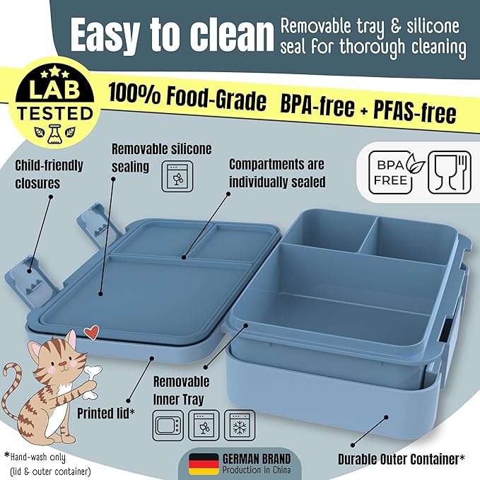 BEARFOOT Kids Lunch Box with Compartments – Compact & Lightweight | Leak-Proof, BPA-Free, Dishwasher & Microwave Safe | Hand-Drawn Design for Preschool, School, Travel (Dog & Cat Blue, 4 Cups)