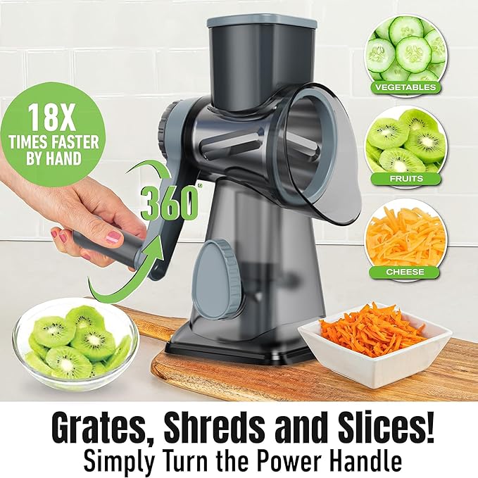 Cheese Grater Hand Crank Rotary Vegetables Shredder with Handle, 3-in-1 Graters with Interchangeable Blades and Strong Suction Base Multifunctional Slicer for Kitchen