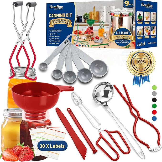 Canning Supplies Starter Kit,Canning Kit for Beginners of 9 with Jar Lifter，Wide Mouth Funnel,Wrench,Tongs,Lid Lifter,Bubble Popper,Canning Labels,ladle,Measuring spoon-Red