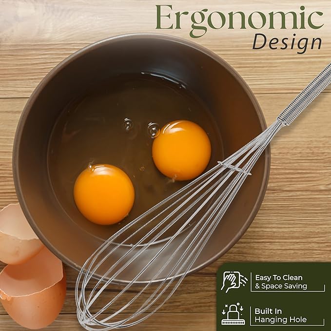 Alpine Cuisine Stainless Steel Wire Whisk 3pc set with Ergonomic Handle | Egg Whisk, Sauce Whisk & Flat Whisk Combined | Space Saving Whisks for Cooking, Baking & Deglazing, Dishwasher Safe