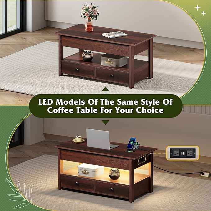 WLIVE Coffee Table, Lift Top Coffee Table with Drawers, LED Light, Large Storage and Open Shelf, Lift Tabletop for Living Room, Espresso