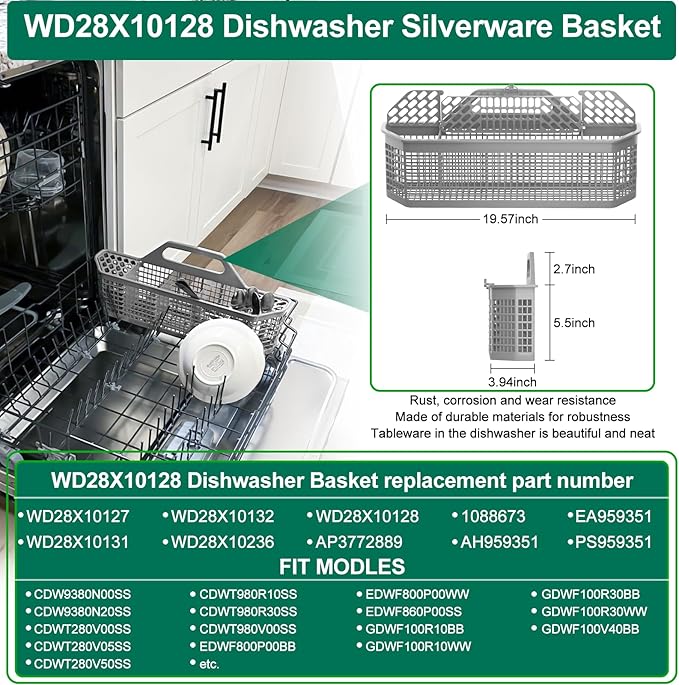UPGRADED 304 Stainless Steel WD28X26099 WD28X24396 Dishwasher Lower Rack Replacement Compatible with GE Dishwasher Rack Parts With WD28X27241 Wheel & WD28X10128 Universal Dishwasher Silverware Basket