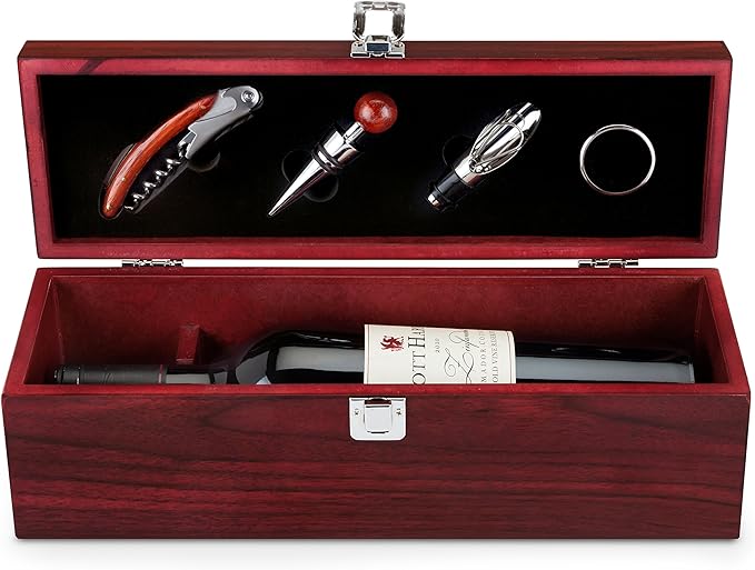 True Cherry 1-Bottle Wine Accessories Gift Set | Premium Corkscrew Opener Kit, Drip Ring, and Wine Pourer and Stopper in Wood Case with Padded Insert