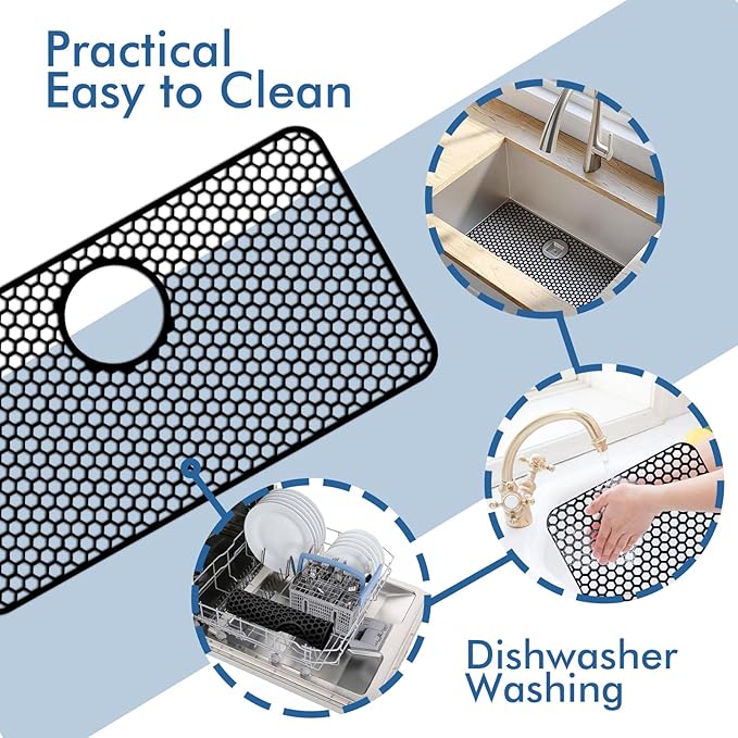 Bestjing Silicone Sink Protectors for Kitchen Sink with Rear Drain - 26"x 14" Kitchen Protector Accessory, Non-Slip Heat Resistant Grid Mat for Bottom of Farmhous Stainless Steel (Rear Hole, Black)