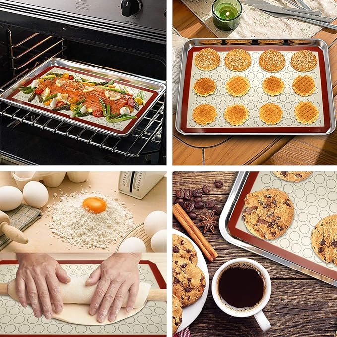 Wildone Baking Sheet with Silicone Mat Set, Set of 4 (2 Sheets + 2 Mats), Wildone Stainless Steel Cookie Sheet Baking Pan with Silicone Mat, Size 12 x 10 x 1 inch, Non Toxic & Heavy Duty & Easy Clean