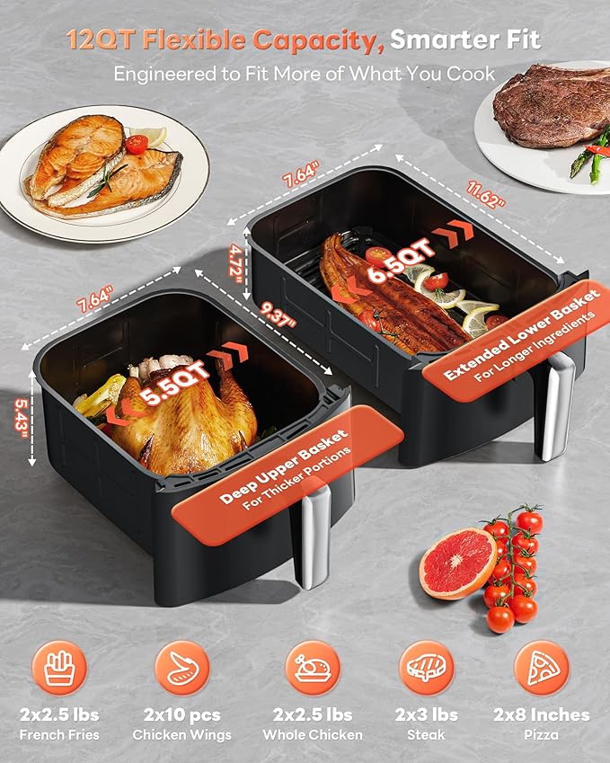 12QT Large Double Air Fryer, 10-in-1 Dual Airfryer with 2 Baskets & SyncHeat Tech for Even Cooking, Stacked Compact Design, Smart Finish & Match Cook, PFAS-Free Nonstick, Dishwasher Safe, Black