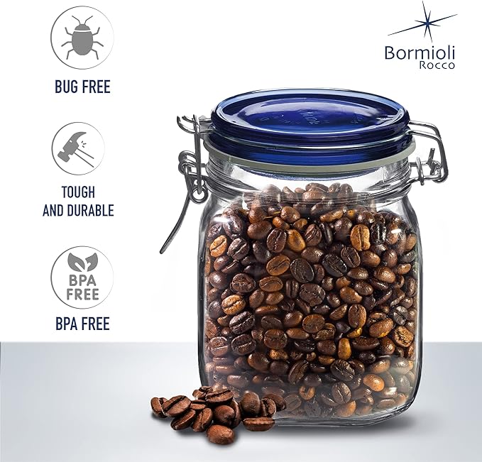 Bormioli Rocco Fido Collection, 2 Pack, 33¾ Oz. Food Storage Glass Jars, Airtight Rubber Seal & Glass Lid, With Stainless Wire Clamp, Made In Italy.