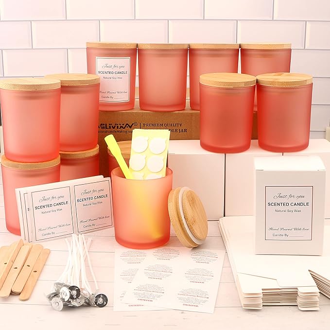 MILIVIXAY 12 Pack 7 OZ Frosted Pink Glass Candle Jars with Lids and Candle Making Kits - Bulk Empty Candle Jars for Making Candles - Spice, Powder Containers.